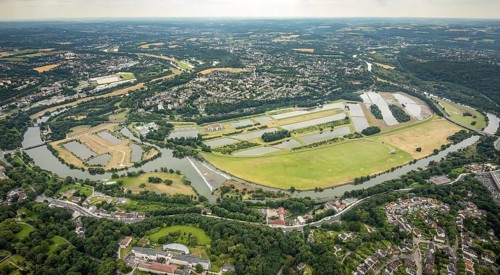 Aerial view, the Ruhr loop near Überruhr, a week ago there was still land under water at this point