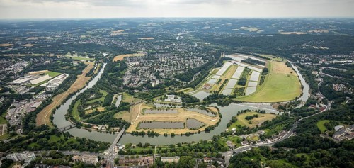 Aerial view, the Ruhr loop near Überruhr, a week ago there was still land under water at this point