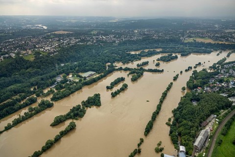 Aerial photo, Ruhr flood, flooding, Horst, Essen, Ruhr area, North Rhine-Westphalia, Germany, DE,