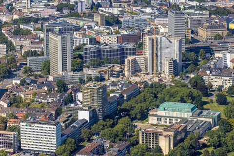 Aerial view, demolition Ypsilon-Haus of RWE headquarters Essen in the Huyssenallee, planned new