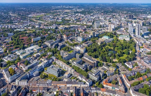 Aerial view, city centre view Essen with demolition Ypsilon-Haus of RWE headquarters Essen and city