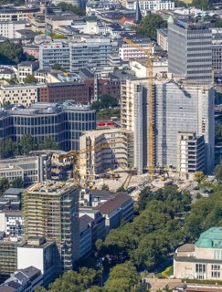 Aerial view, demolition Ypsilon-Haus of RWE headquarters Essen in the Huyssenallee, planned new