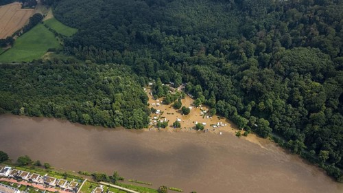 Aerial photo, Ruhr flood, flooding, Cammerzell campsite, Kettwig, Essen, Ruhr area, North