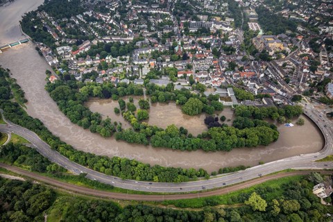 Aerial photograph, Ruhr flood, flooding, flooded Brehminsel Essen-Werden, Essen-Bredeney, Essen,