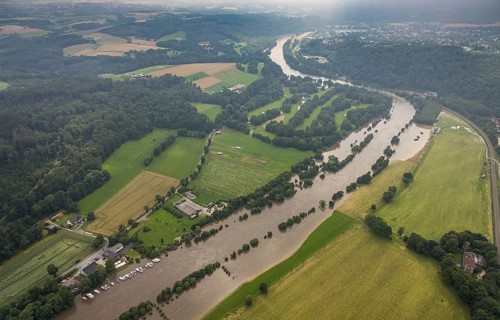 Aerial photo, Ruhr flood, flooding, Werden, Essen, Ruhr area, North Rhine-Westphalia, Germany, DE,