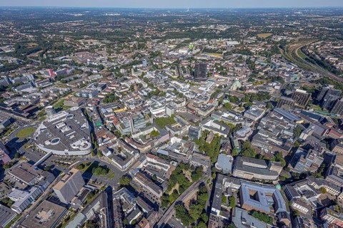Aerial view, townscape city with Limbecker Platz in the city centre in Essen, Ruhr area, North