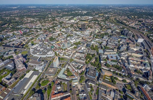 Aerial view, townscape city with Limbecker Platz and Funke Mediengruppe in the city centre in