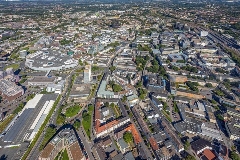 Aerial view, townscape city with Limbecker Platz in the city centre in Essen, Ruhr area, North