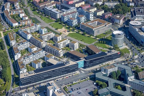 Aerial view, Green Centre Essen with Funke Media Group in the city centre, Essen, Ruhr area, North