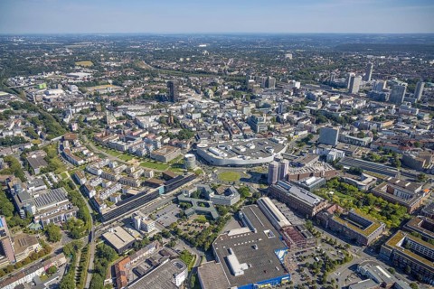 Aerial view, townscape city with Limbecker Platz and Funke Media Group as well as Essen Employment