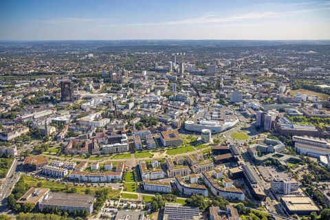 Aerial view, townscape city with Limbecker Platz and Funke Media Group as well as Essen Employment