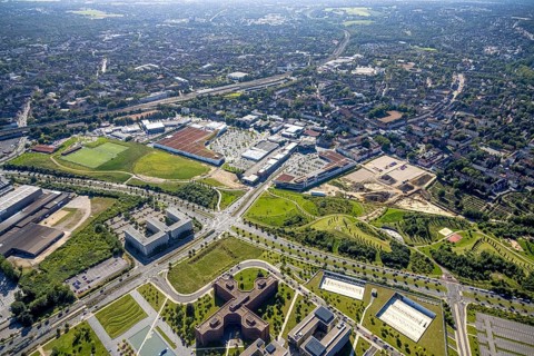 Aerial view, construction site Husmannshofstraße of the former Real supermarket for new building