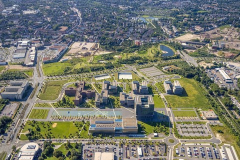 Aerial view, thyssenkrupp Quarter Corporate Headquarters with Krupp Park in the West Quarter in
