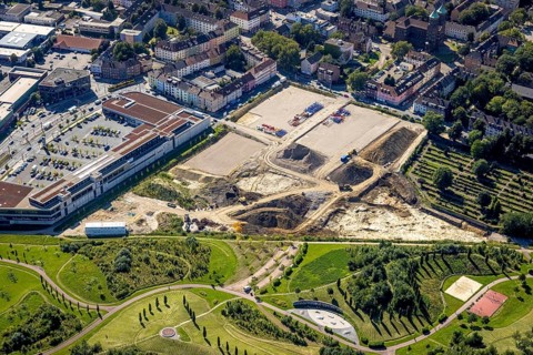 Aerial view, construction site Husmannshofstraße of the former Real market for new building complex