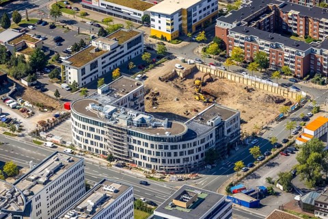 Aerial view, construction site project Neue Weststadt with new building office complex Frohnhauser