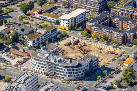Aerial view, construction site project Neue Weststadt with new building office complex Frohnhauser