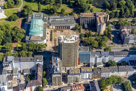 Aerial view, Philharmonie Essen and construction site new building complex with residential tower