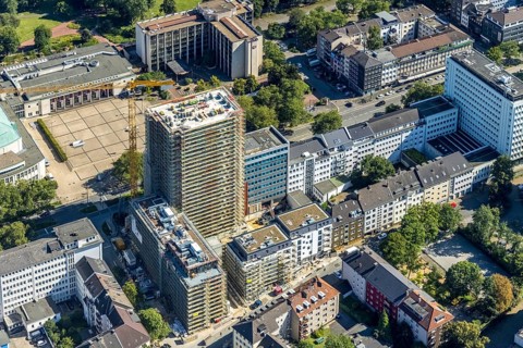 Aerial view, Philharmonie Essen and construction site new building complex with residential tower