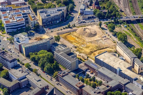 Aerial view, construction site new literature quarter for offices and flats on Sachsenstraße with