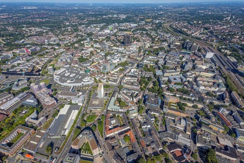 Aerial view, townscape city with Limbecker Platz and Funke Mediengruppe in the city centre in