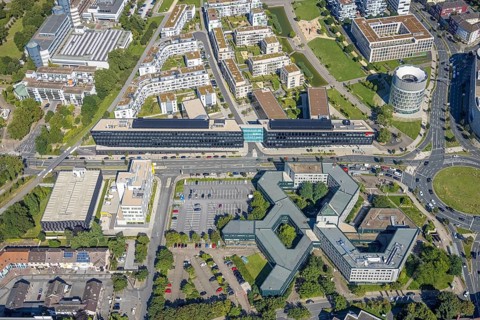 Aerial view, Green Centre Essen with Funke Media Group and Essen Employment Agency in the city