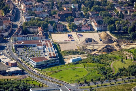 Aerial view, construction site Husmannshofstraße of the former Real market for new building complex