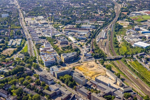 Aerial view, construction site new literature quarter for offices and flats on Sachsenstraße with