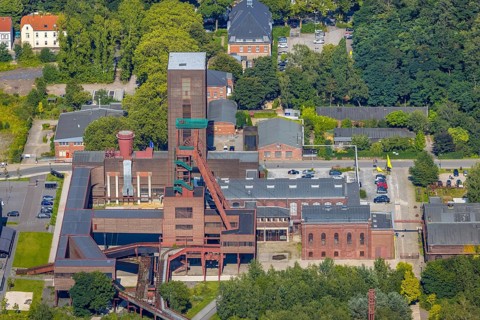 Aerial view, Zollverein shaft 1/2/8 on the site of the Zeche Zollverein in Essen-Stoppenberg,