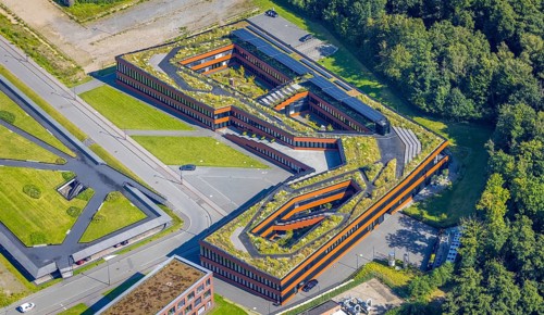 Aerial view, building of the RAG Foundation on the grounds of the Zollverein Coal Mine Industrial