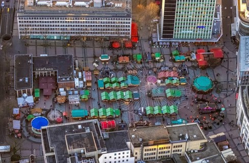 Aerial view, Christmas market at Kennedyplatz in the city centre of Essen, Ruhr area, North