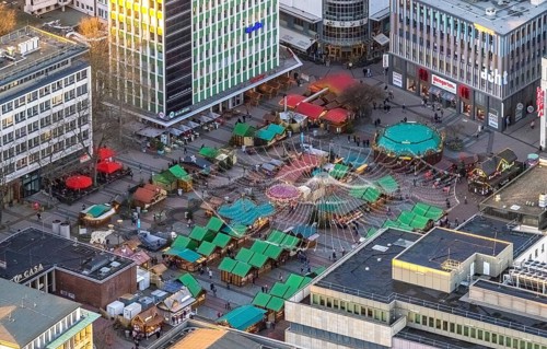 Aerial view, Christmas market at Kennedyplatz in the city centre of Essen, Ruhr area, North