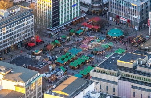 Aerial view, Christmas market at Kennedyplatz in the city centre of Essen, Ruhr area, North