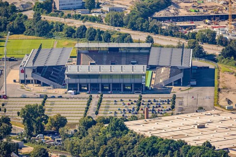 Aerial view, stadium Essen at the Hafenstraße in the district Bergeborbeck in Essen, Ruhr area,