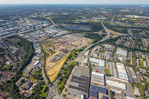 Aerial view, brownfield project Freiheit Emscher in the district Vogelheim in Essen, city limits