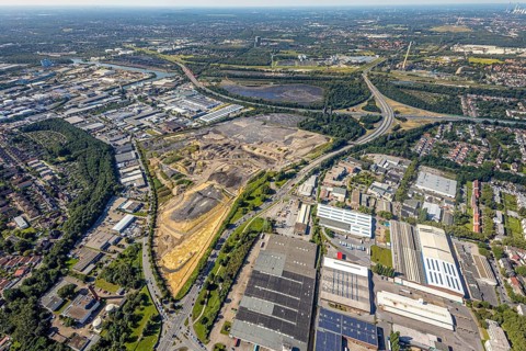 Aerial view, brownfield project Freiheit Emscher in the district Vogelheim in Essen, city limits