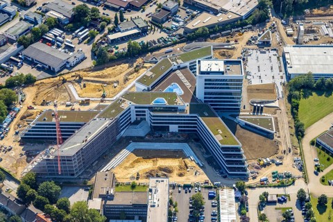 Aerial view, construction site and new construction ALDI-Nord Campus on the A40 motorway, Am