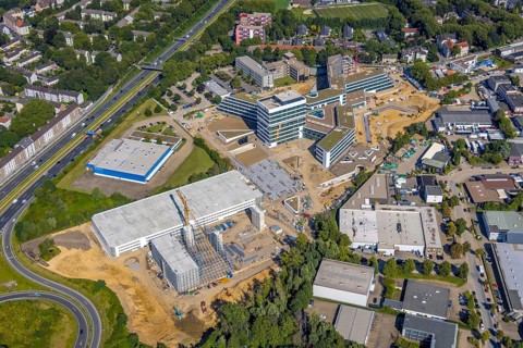 Aerial view, construction site and new construction ALDI-Nord Campus on the A40 motorway, Am