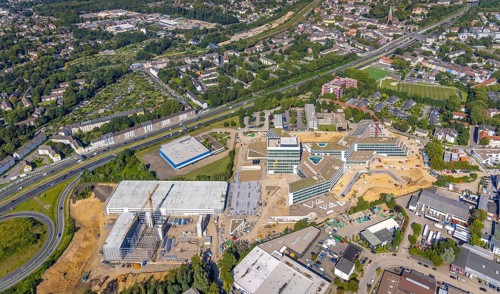 Aerial view, construction site and new construction ALDI-Nord Campus on the A40 motorway, Am