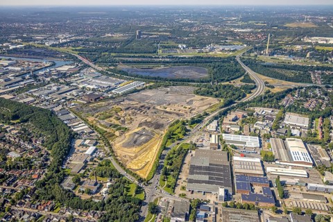Aerial view, brownfield project Freiheit Emscher in the district Vogelheim in Essen, city limits