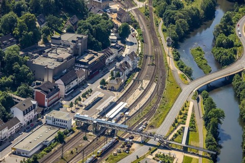 Aerial view, Finnentrop railway station with pedestrian bridge, Finnentrop, Sauerland, North