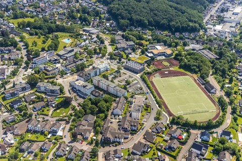 Aerial view, town hall Finnentrop Am Markt, Finto swimming pool, Bigge-Lenne comprehensive school,