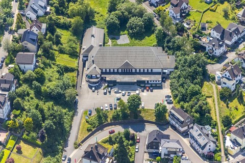 Aerial view, festival hall Finnentrop Bürgerschützenverein, Finnentrop, Sauerland, North