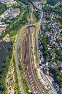 Aerial view, railway tracks with freight wagons at Finnentrop station, Finnentrop, Sauerland, North