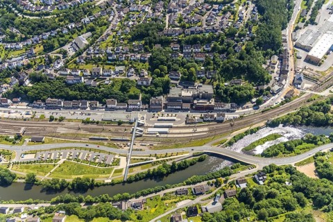 Aerial view, Finnentrop railway station with pedestrian bridge, Finnentrop, Sauerland, North