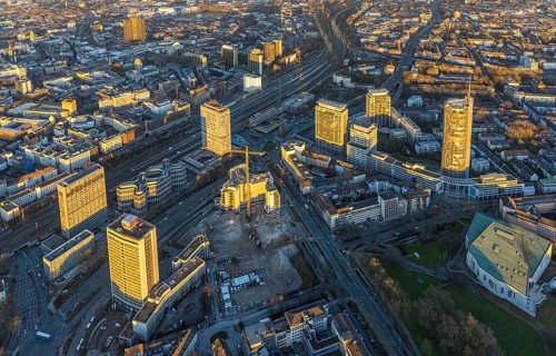 Aerial view, demolition Ypsilon-Haus of the RWE headquarters Essen in the Huyssenallee, planned new
