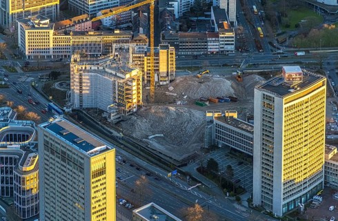 Aerial view, demolition Ypsilon-Haus of the RWE headquarters Essen in the Huyssenallee, planned new