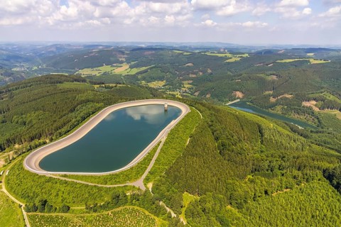 Aerial view, pumped storage plant Oberbecken, Schönholthausen, Finnentrop, Sauerland, North