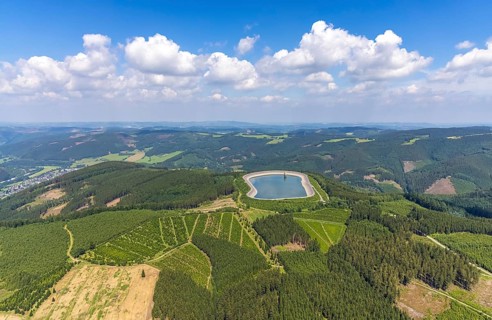 Aerial view, pumped-storage power station upper reservoir, Schönholthausen, Finnentrop, Sauerland,