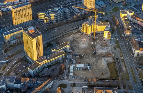 Aerial view, demolition Ypsilon-Haus of the RWE headquarters Essen in the Huyssenallee, planned new