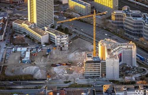 Aerial view, demolition Ypsilon-Haus of RWE headquarters Essen in Huyssenallee, planned new